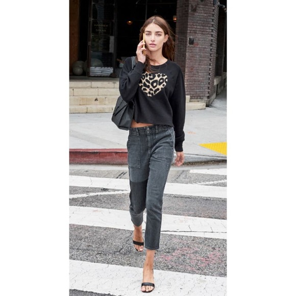 Sundry Women's Leopard Chantilly Heart Cut Off Raw Hem Sweatshirt Anthro RARE - Picture 2 of 14